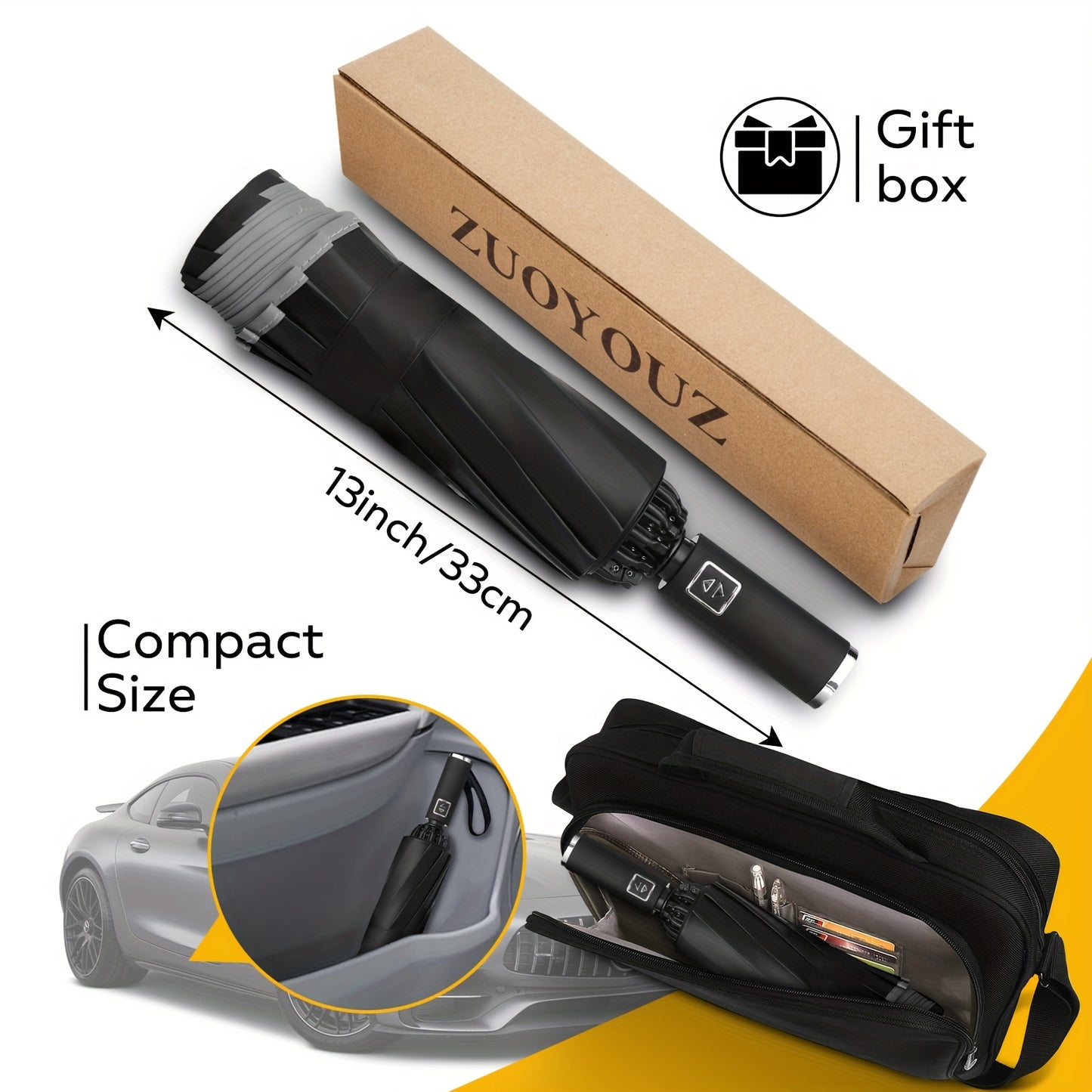 10 Rib Black Pongee Automatic Umbrella - Windproof, UV Protection, Lightweight, Stylish with Reflective Strips, Large Double Umbrella for Two, Casual & Fashionable, Casual Umbrella | Minimalist Style | Lightweight Umbrella