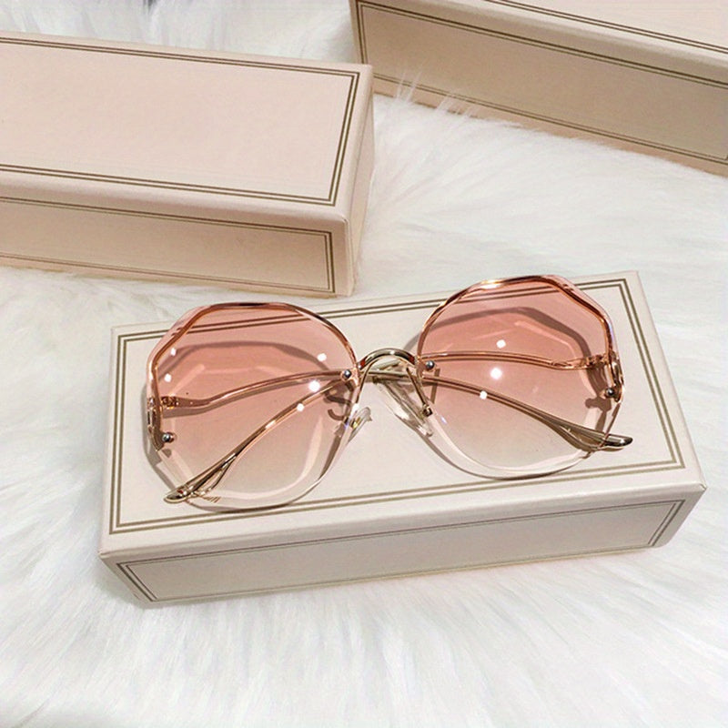 3pcs Women's Rimless Cut-Edge with Metal Curved Legs, Gradient Blue to Pink Tinted PC Lenses, Lightweight Plastic Frames for Fashion &
