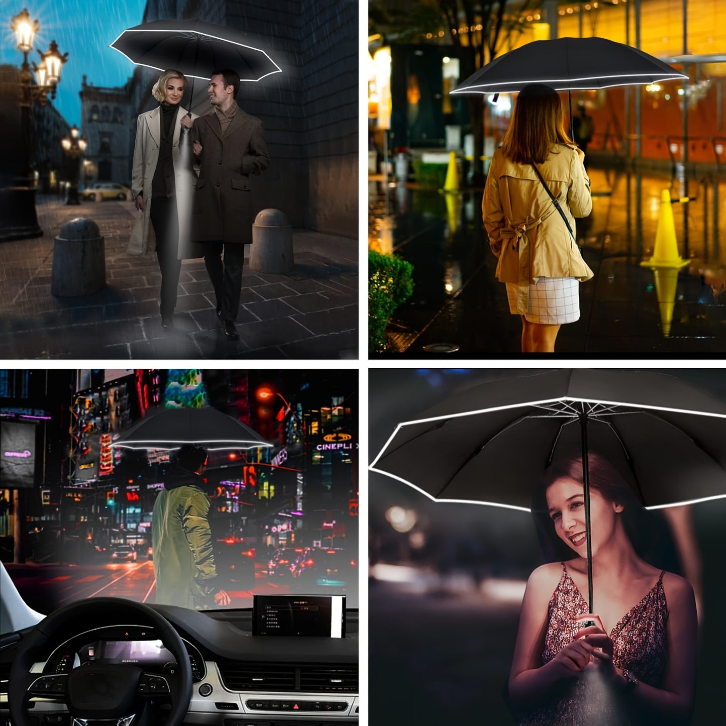 10 Rib Black Pongee Automatic Umbrella - Windproof, UV Protection, Lightweight, Stylish with Reflective Strips, Large Double Umbrella for Two, Casual & Fashionable, Casual Umbrella | Minimalist Style | Lightweight Umbrella