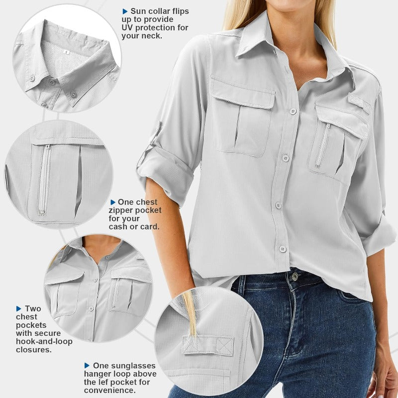 Women's UPF 50 Sun Protection Long Sleeve Shirt - Quick-Dry Outdoor Safari Shirt with Vented Mesh Back & Roll-Up Sleeves, Lightweight Breathable Polyester for Hiking, Fishing, Travel - Light Grey Multi-Pocket UV Shield Top