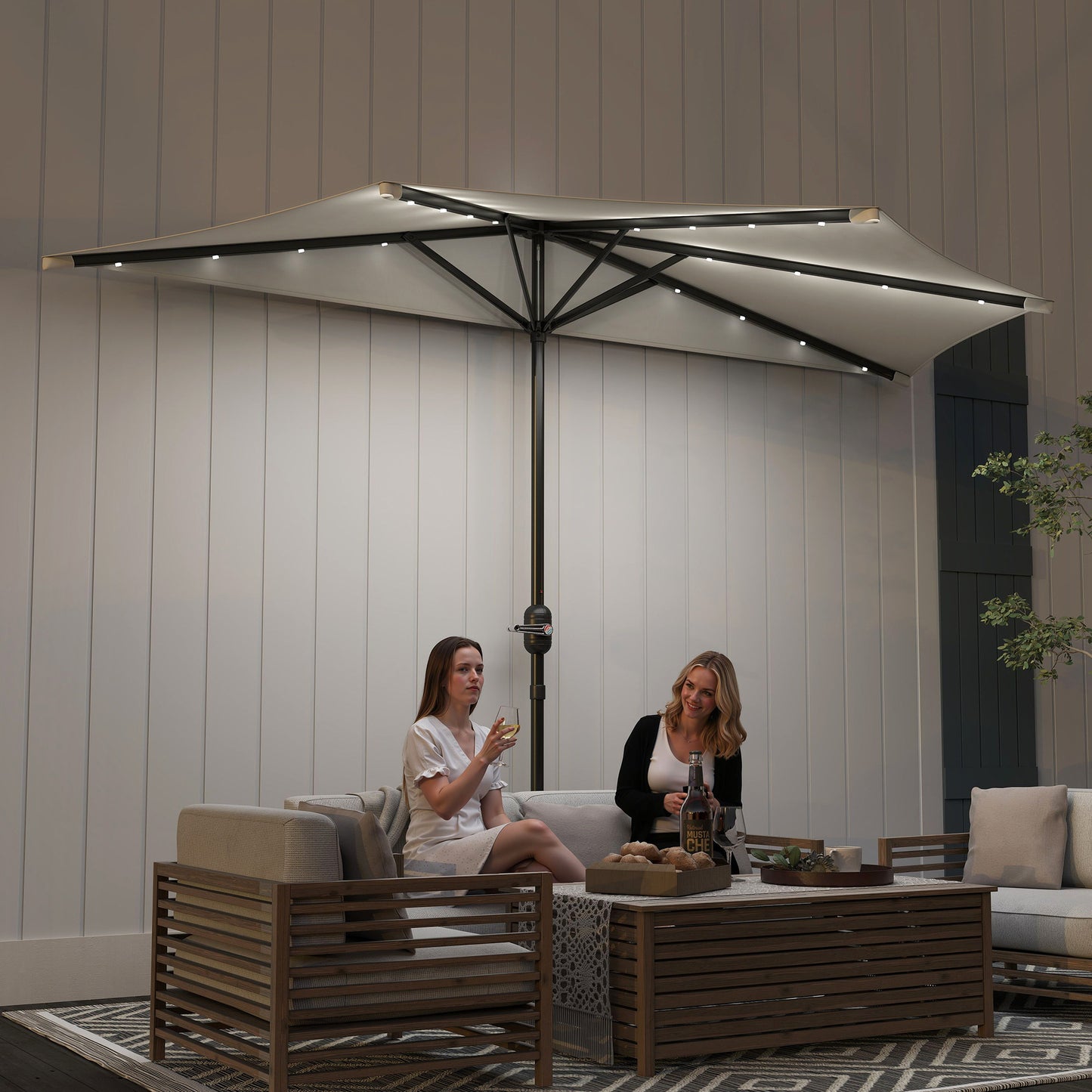 Half Umbrella Outdoor Patio Umbrella, UPF 30+ Small Balcony Umbrella, Vented Half Patio Umbrella with Crank 8 Ribs, Tiltable Porch Umbrella for Garden Deck Poolside
