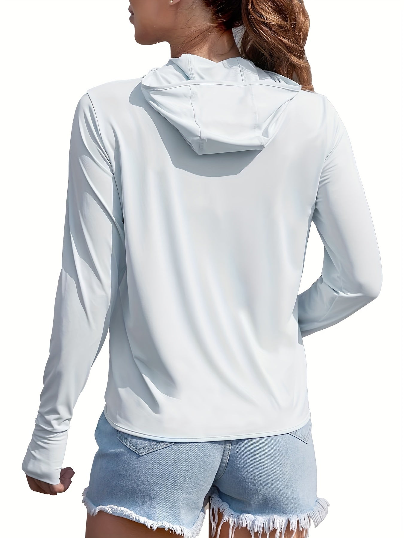 Women's UPF 50+ Light Blue Sun Protection Hooded Shirt - Long Sleeve, Quick-Dry Polyester Blend, Ideal for Hiking, Fishing & Outdoor Fitness, with Thumb Holes for Secure Fit