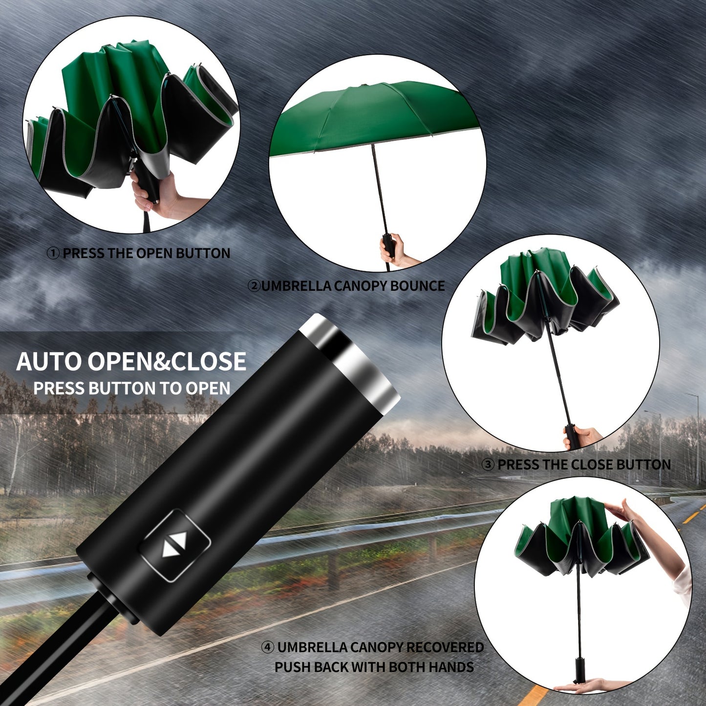 10 Rib Black Pongee Automatic Umbrella - Windproof, UV Protection, Lightweight, Stylish with Reflective Strips, Large Double Umbrella for Two, Casual & Fashionable, Casual Umbrella | Minimalist Style | Lightweight Umbrella