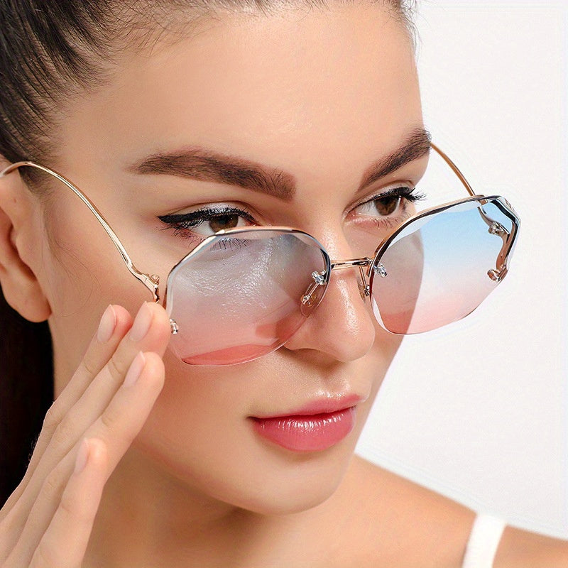 3pcs Women's Rimless Cut-Edge with Metal Curved Legs, Gradient Blue to Pink Tinted PC Lenses, Lightweight Plastic Frames for Fashion &