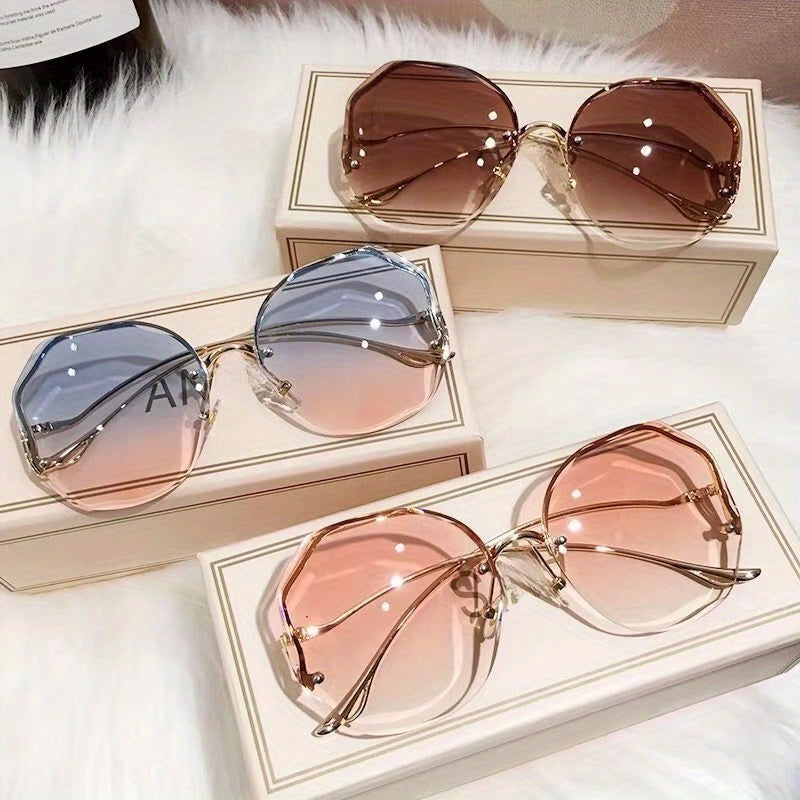 3pcs Women's Rimless Cut-Edge with Metal Curved Legs, Gradient Blue to Pink Tinted PC Lenses, Lightweight Plastic Frames for Fashion &