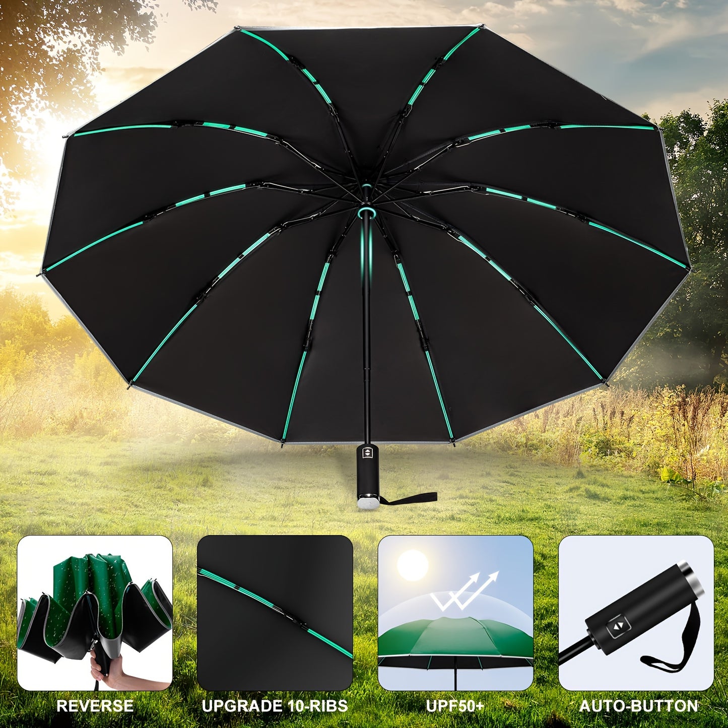 10 Rib Black Pongee Automatic Umbrella - Windproof, UV Protection, Lightweight, Stylish with Reflective Strips, Large Double Umbrella for Two, Casual & Fashionable, Casual Umbrella | Minimalist Style | Lightweight Umbrella
