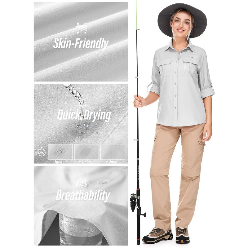Women's UPF 50 Sun Protection Long Sleeve Shirt - Quick-Dry Outdoor Safari Shirt with Vented Mesh Back & Roll-Up Sleeves, Lightweight Breathable Polyester for Hiking, Fishing, Travel - Light Grey Multi-Pocket UV Shield Top