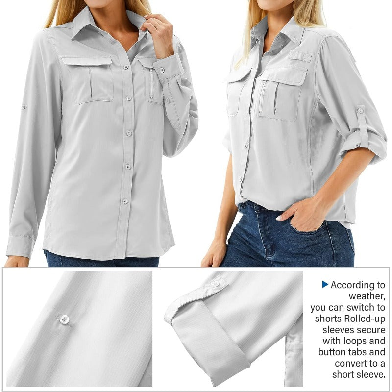 Women's UPF 50 Sun Protection Long Sleeve Shirt - Quick-Dry Outdoor Safari Shirt with Vented Mesh Back & Roll-Up Sleeves, Lightweight Breathable Polyester for Hiking, Fishing, Travel - Light Grey Multi-Pocket UV Shield Top