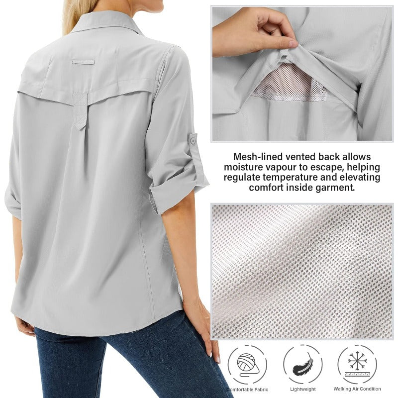 Women's UPF 50 Sun Protection Long Sleeve Shirt - Quick-Dry Outdoor Safari Shirt with Vented Mesh Back & Roll-Up Sleeves, Lightweight Breathable Polyester for Hiking, Fishing, Travel - Light Grey Multi-Pocket UV Shield Top