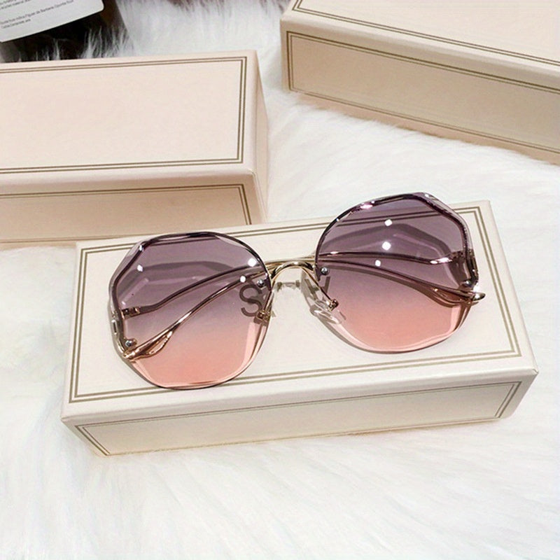 3pcs Women's Rimless Cut-Edge with Metal Curved Legs, Gradient Blue to Pink Tinted PC Lenses, Lightweight Plastic Frames for Fashion &