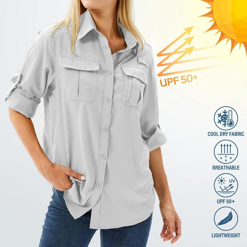 Women's UPF 50 Sun Protection Long Sleeve Shirt - Quick-Dry Outdoor Safari Shirt with Vented Mesh Back & Roll-Up Sleeves, Lightweight Breathable Polyester for Hiking, Fishing, Travel - Light Grey Multi-Pocket UV Shield Top