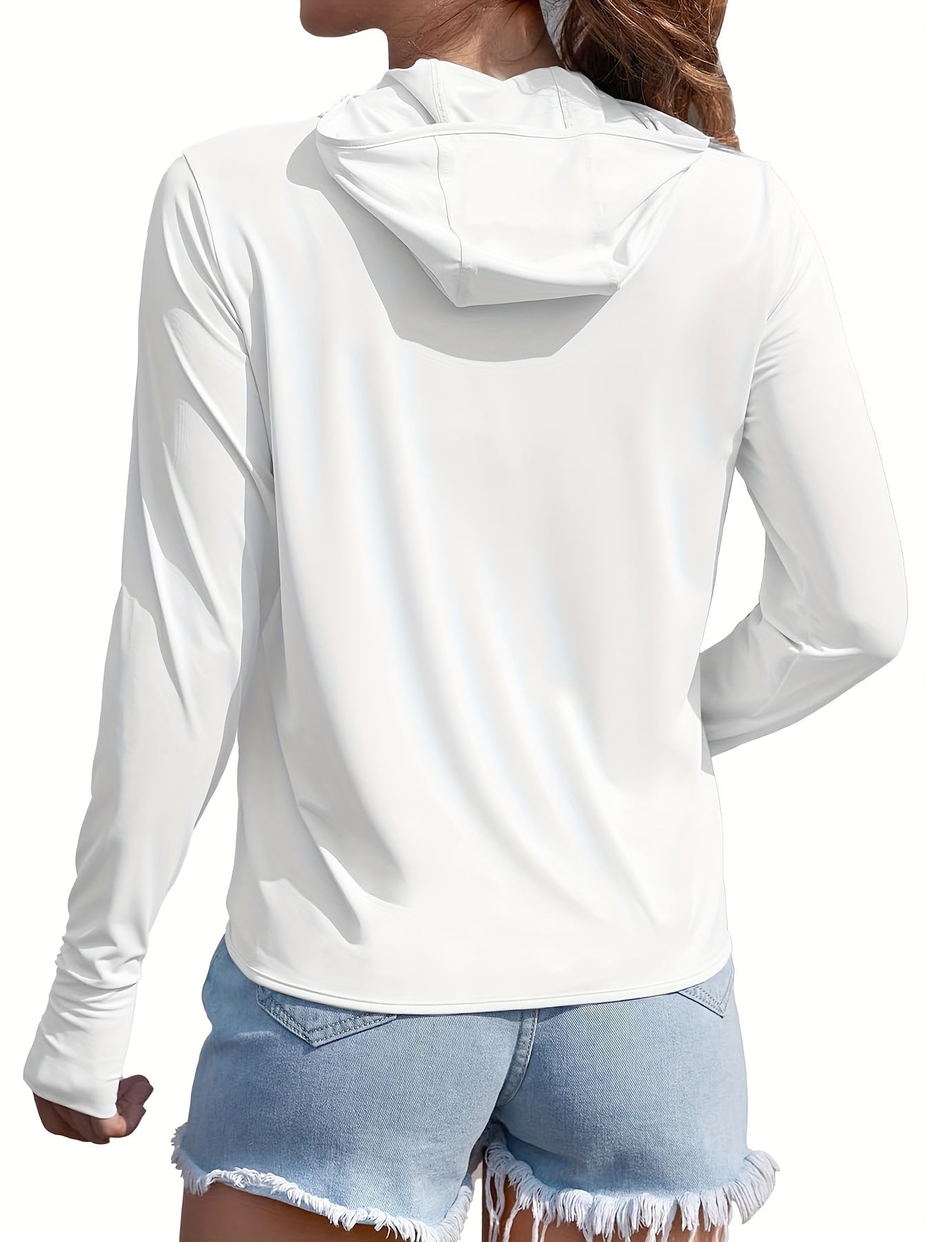 Women's UPF 50+ Light Blue Sun Protection Hooded Shirt - Long Sleeve, Quick-Dry Polyester Blend, Ideal for Hiking, Fishing & Outdoor Fitness, with Thumb Holes for Secure Fit