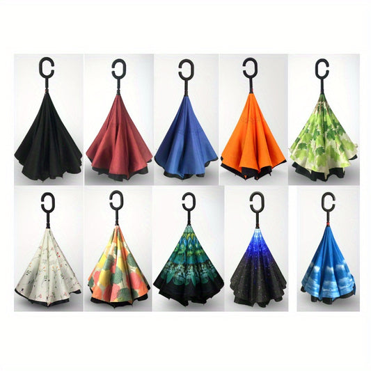 C Shaped Easy Hanging Handle Double Layers Umbrella With UV Protection, Casual 8 Ribs Portable Umbrella For Men & Women