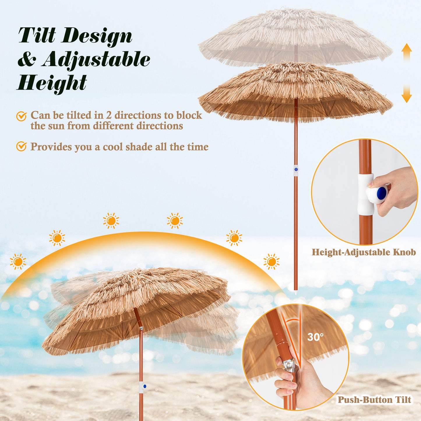 LIFEZEAL 6FT Thatched Tiki Patio Umbrella, Height Adjustable Hawaiian Style Beach Umbrella w\u002F Carrying Bag, UV Protection, Portable & Foldable Outdoor Patio Umbrella for Beach, Yard, Patio