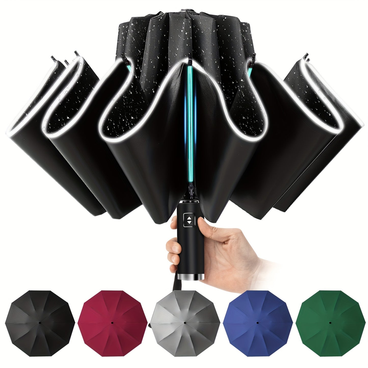 10 Rib Black Pongee Automatic Umbrella - Windproof, UV Protection, Lightweight, Stylish with Reflective Strips, Large Double Umbrella for Two, Casual & Fashionable, Casual Umbrella | Minimalist Style | Lightweight Umbrella