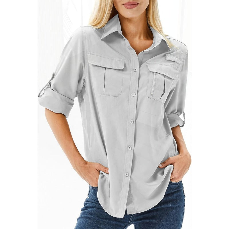 Women's UPF 50 Sun Protection Long Sleeve Shirt - Quick-Dry Outdoor Safari Shirt with Vented Mesh Back & Roll-Up Sleeves, Lightweight Breathable Polyester for Hiking, Fishing, Travel - Light Grey Multi-Pocket UV Shield Top