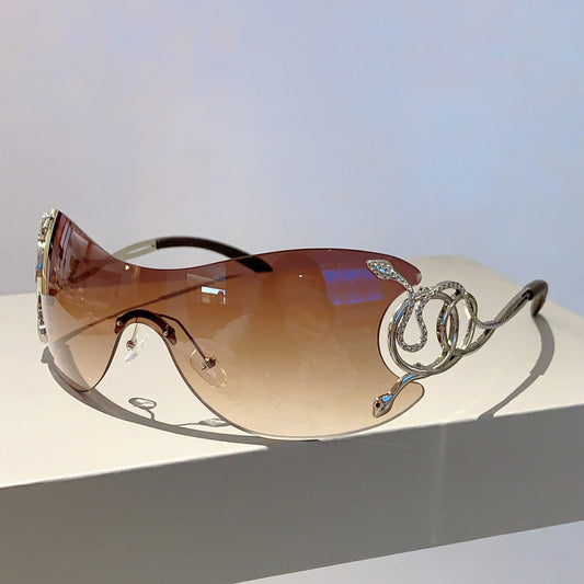 Women's Y2K Snake-Design Frameless Fashion Glasses - Protection, Lightweight One-Piece Fashion Eyewear with Case, Trendy Accessories for Outdoor & Daily Use, Unique Temple Design, Metallic Accents