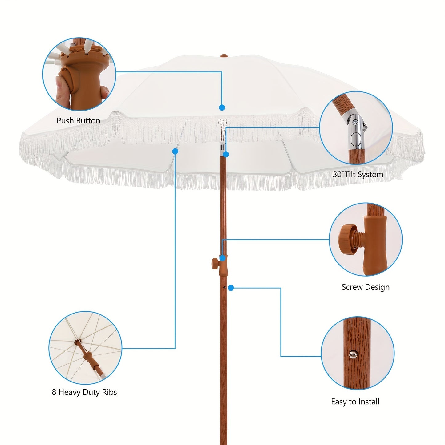 Patio Umbrella With UPF 50+ Protection, 8 Ribs, Push Button Tilt - Versatile Outdoor Shade For Garden, Courtyard, And Beach