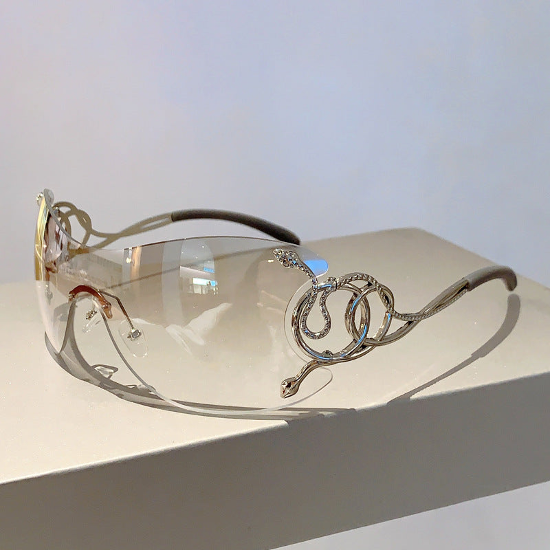 Women's Y2K Snake-Design Frameless Fashion Glasses - Protection, Lightweight One-Piece Fashion Eyewear with Case, Trendy Accessories for Outdoor & Daily Use, Unique Temple Design, Metallic Accents