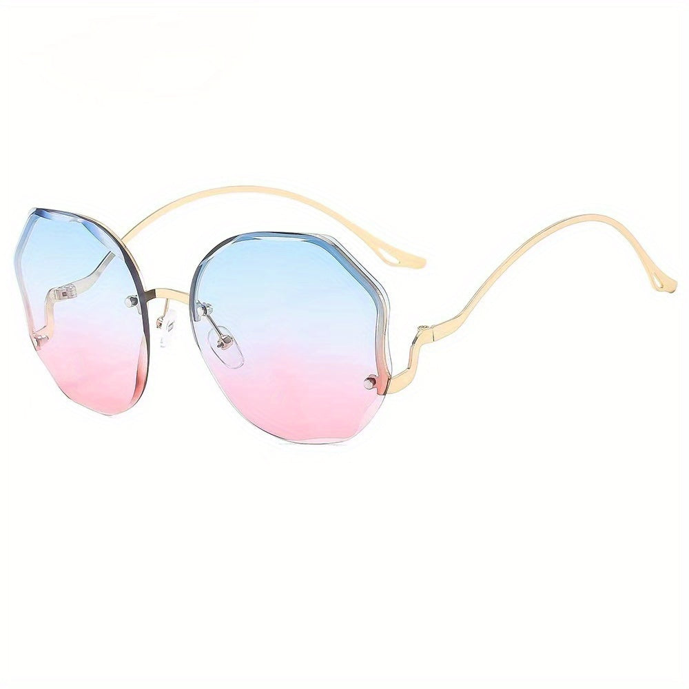 3pcs Women's Rimless Cut-Edge with Metal Curved Legs, Gradient Blue to Pink Tinted PC Lenses, Lightweight Plastic Frames for Fashion &
