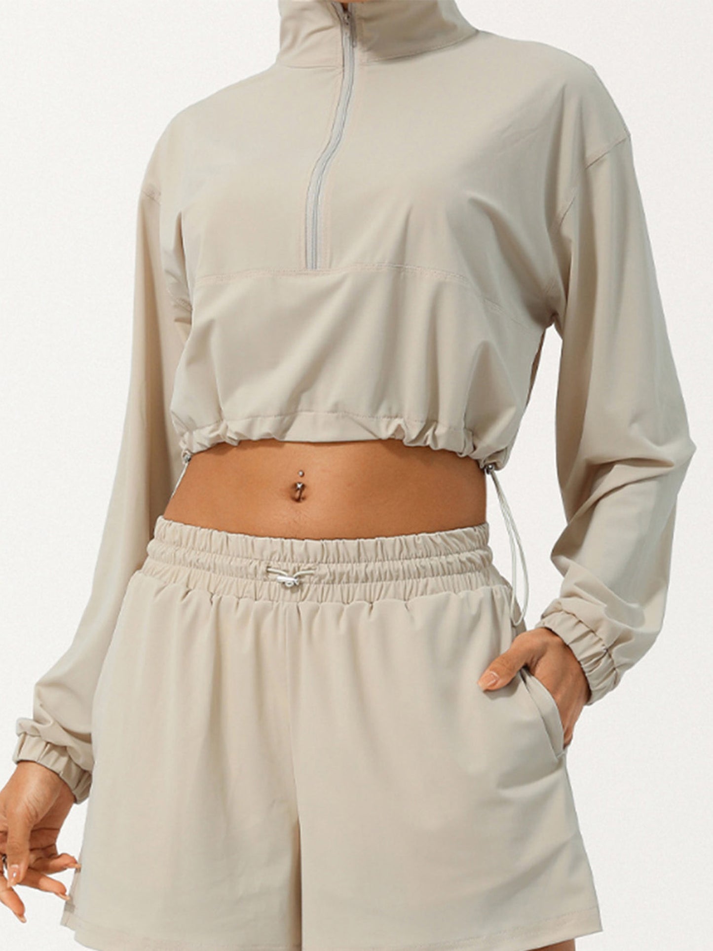Women's Lightweight Sun Protection Jacket - Long Sleeve, Stand Collar, Zippered, Beige with Ruffled Hem & Cuffs, Summer Outdoor Wear