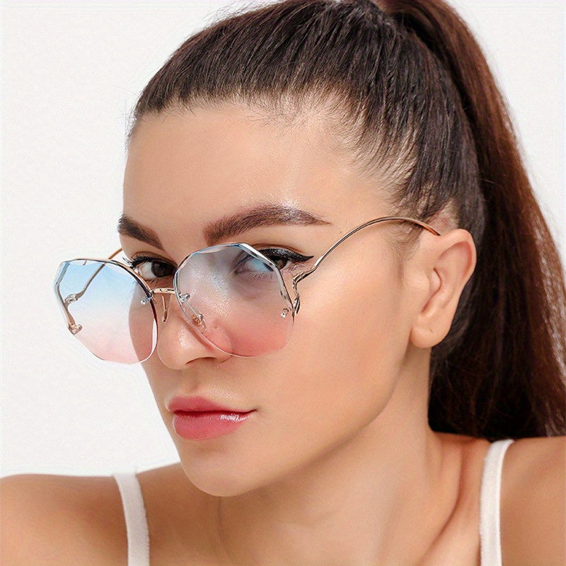 3pcs Women's Rimless Cut-Edge with Metal Curved Legs, Gradient Blue to Pink Tinted PC Lenses, Lightweight Plastic Frames for Fashion &