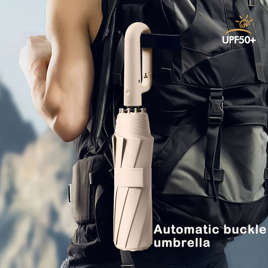 UPF50+ Automatic Folding Umbrella with D-Shaped Buckle Handle - 10-Rib Lightweight Portable Sun & Rain Umbrella for Travel, Hiking, Commuting - Compact Solid Color Design, Hiking Essentials, Minimalist Style, Functional Features