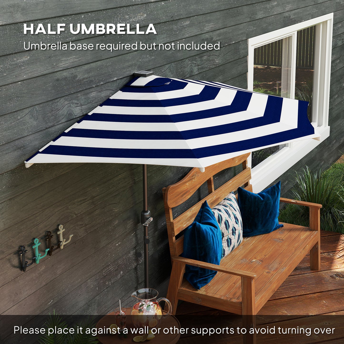 Half Umbrella Outdoor Patio Umbrella, UPF 30+ Small Balcony Umbrella, Vented Half Patio Umbrella with Crank 8 Ribs, Tiltable Porch Umbrella for Garden Deck Poolside