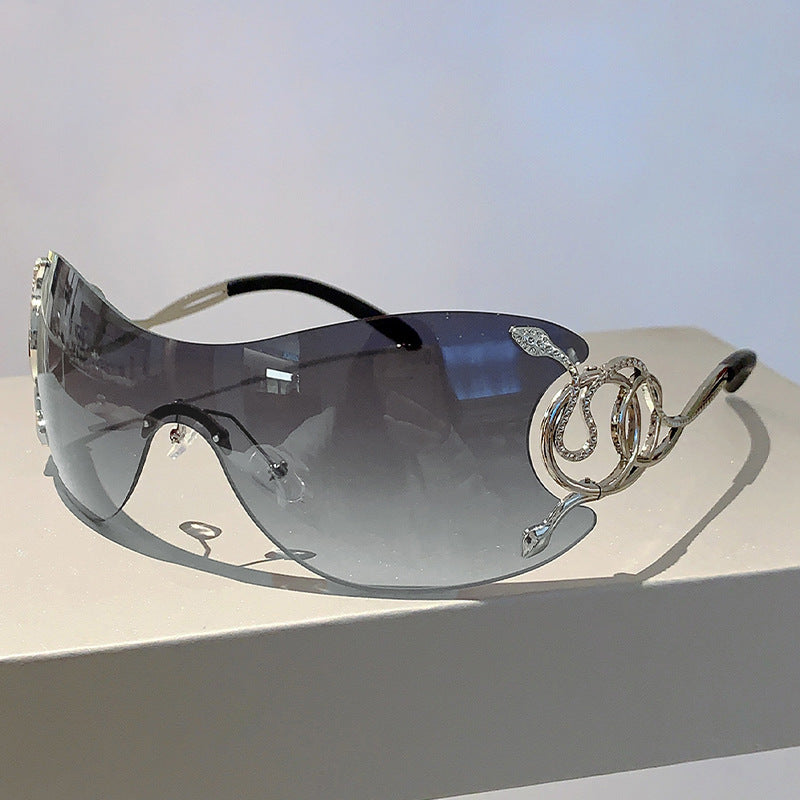 Women's Y2K Snake-Design Frameless Fashion Glasses - Protection, Lightweight One-Piece Fashion Eyewear with Case, Trendy Accessories for Outdoor & Daily Use, Unique Temple Design, Metallic Accents