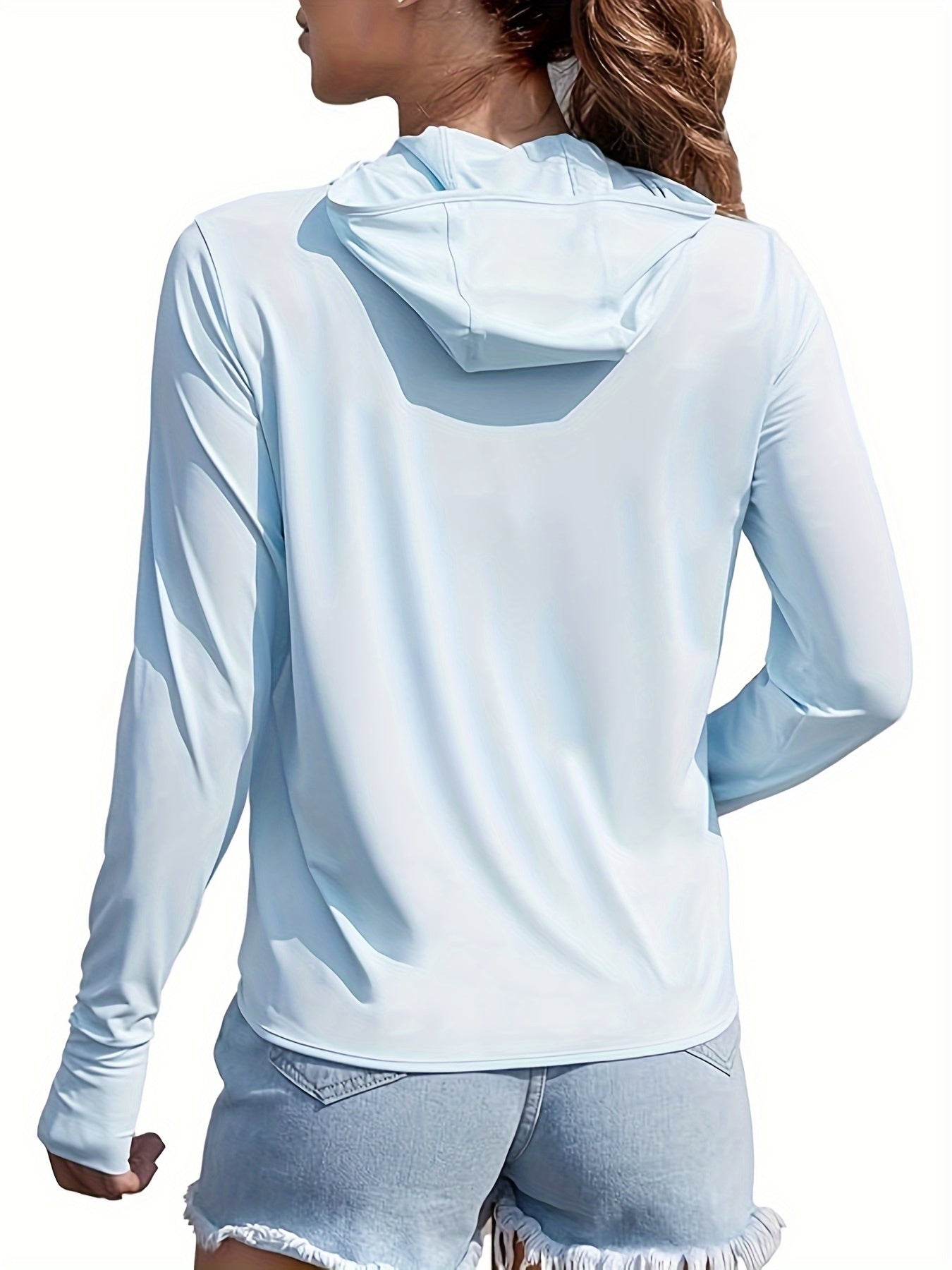 Women's UPF 50+ Light Blue Sun Protection Hooded Shirt - Long Sleeve, Quick-Dry Polyester Blend, Ideal for Hiking, Fishing & Outdoor Fitness, with Thumb Holes for Secure Fit