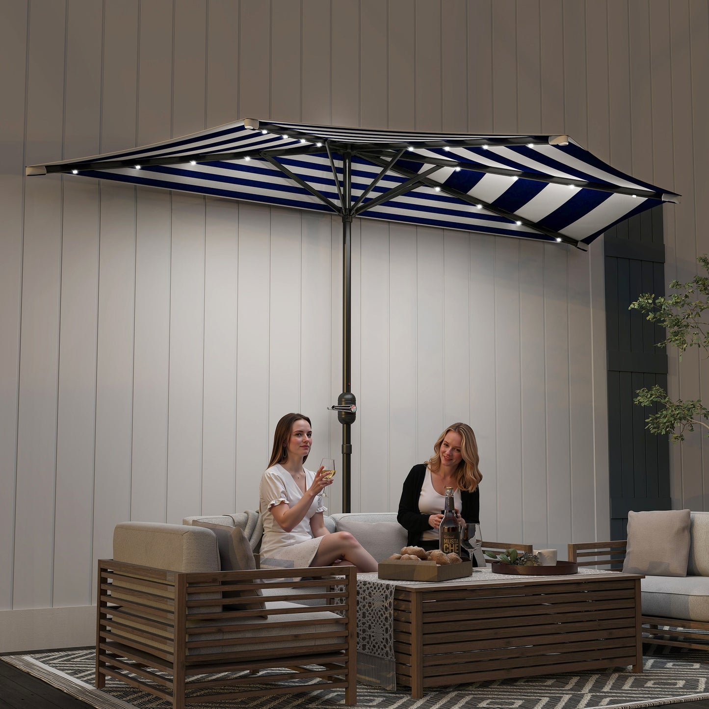 Half Umbrella Outdoor Patio Umbrella, UPF 30+ Small Balcony Umbrella, Vented Half Patio Umbrella with Crank 8 Ribs, Tiltable Porch Umbrella for Garden Deck Poolside
