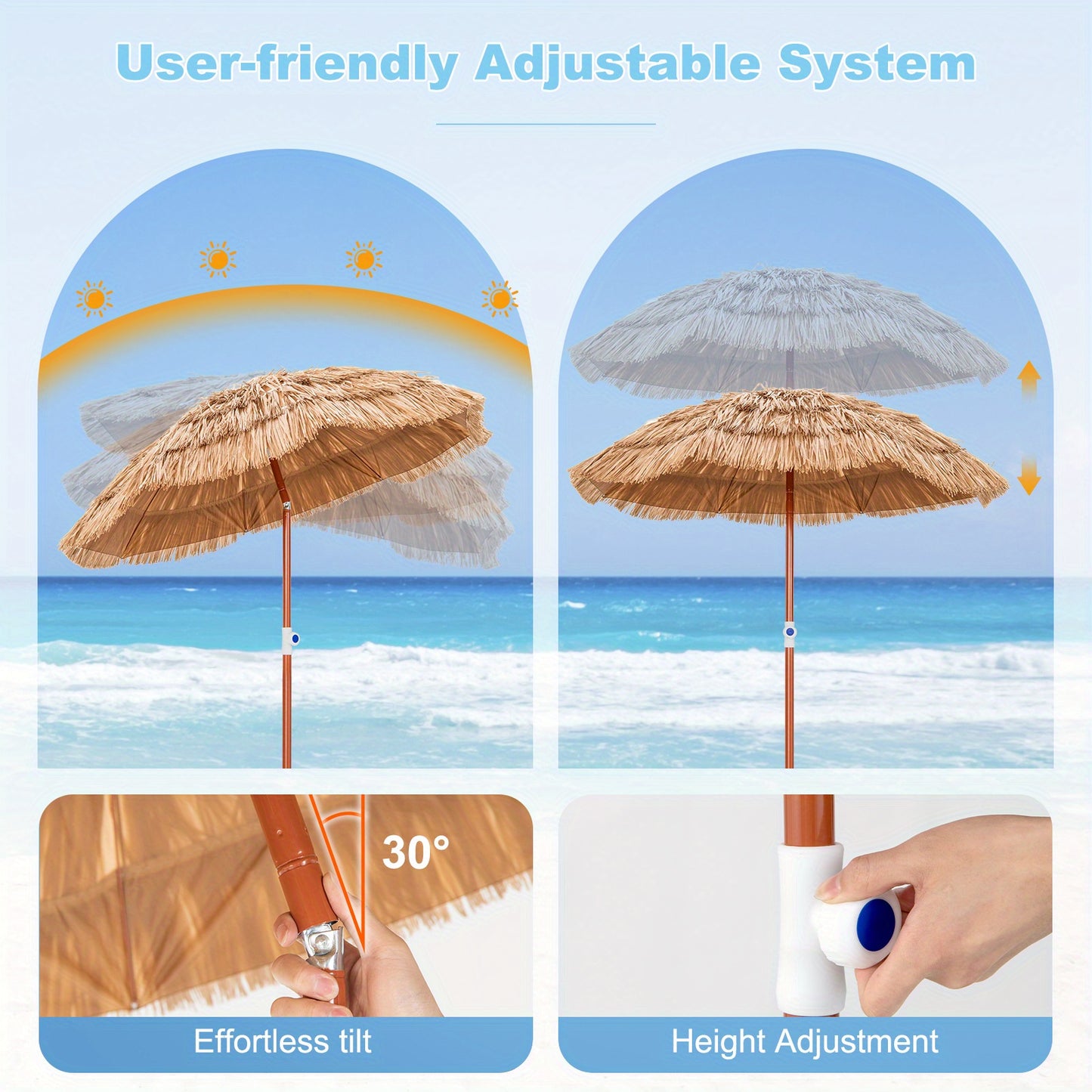 LIFEZEAL 6FT Thatched Tiki Patio Umbrella, Height Adjustable Hawaiian Style Beach Umbrella w\u002F Carrying Bag, UV Protection, Portable & Foldable Outdoor Patio Umbrella for Beach, Yard, Patio