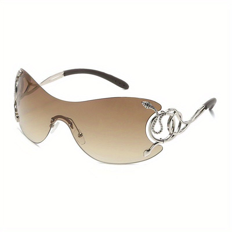 Women's Y2K Snake-Design Frameless Fashion Glasses - Protection, Lightweight One-Piece Fashion Eyewear with Case, Trendy Accessories for Outdoor & Daily Use, Unique Temple Design, Metallic Accents