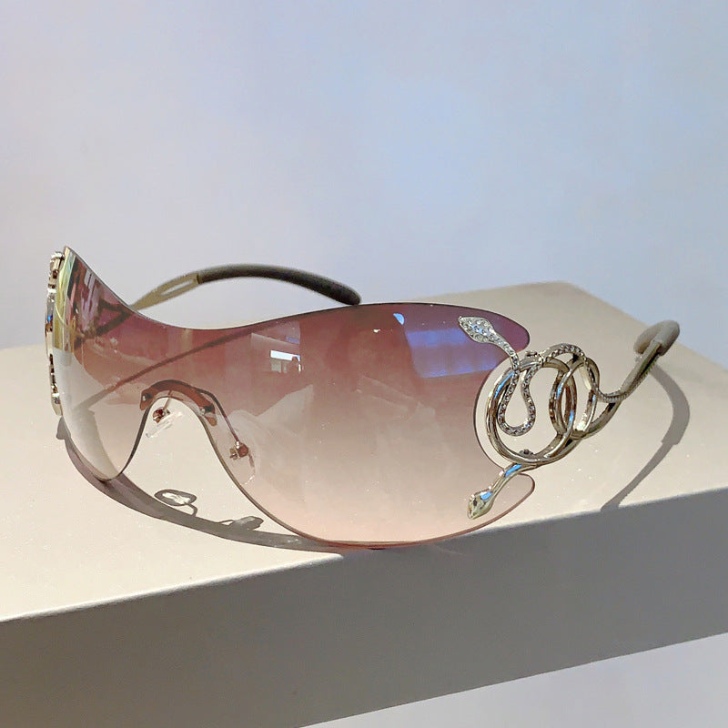 Women's Y2K Snake-Design Frameless Fashion Glasses - Protection, Lightweight One-Piece Fashion Eyewear with Case, Trendy Accessories for Outdoor & Daily Use, Unique Temple Design, Metallic Accents