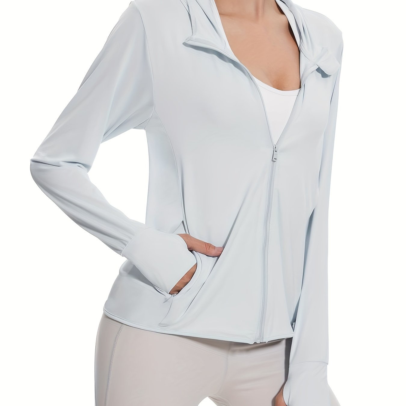 Women's UPF 50+ Light Blue Sun Protection Hooded Shirt - Long Sleeve, Quick-Dry Polyester Blend, Ideal for Hiking, Fishing & Outdoor Fitness, with Thumb Holes for Secure Fit