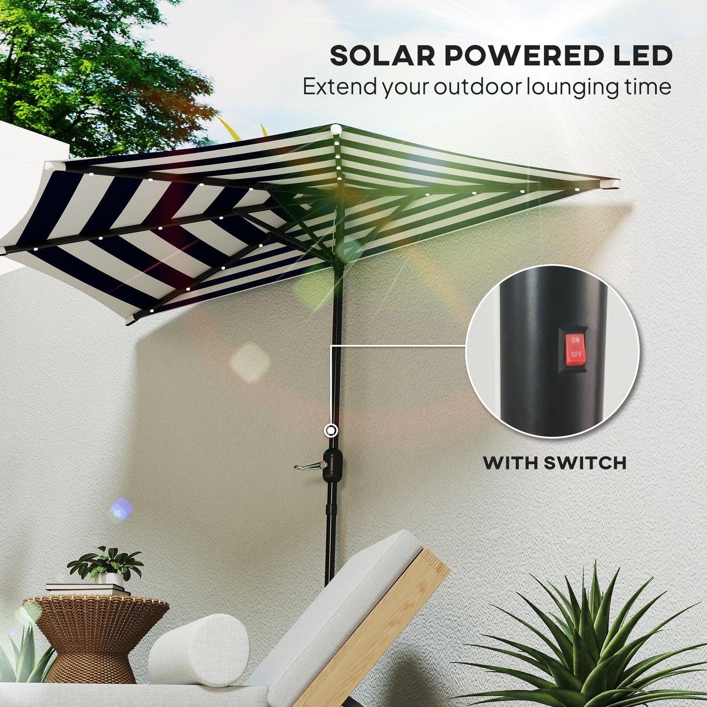 Half Umbrella Outdoor Patio Umbrella, UPF 30+ Small Balcony Umbrella, Vented Half Patio Umbrella with Crank 8 Ribs, Tiltable Porch Umbrella for Garden Deck Poolside