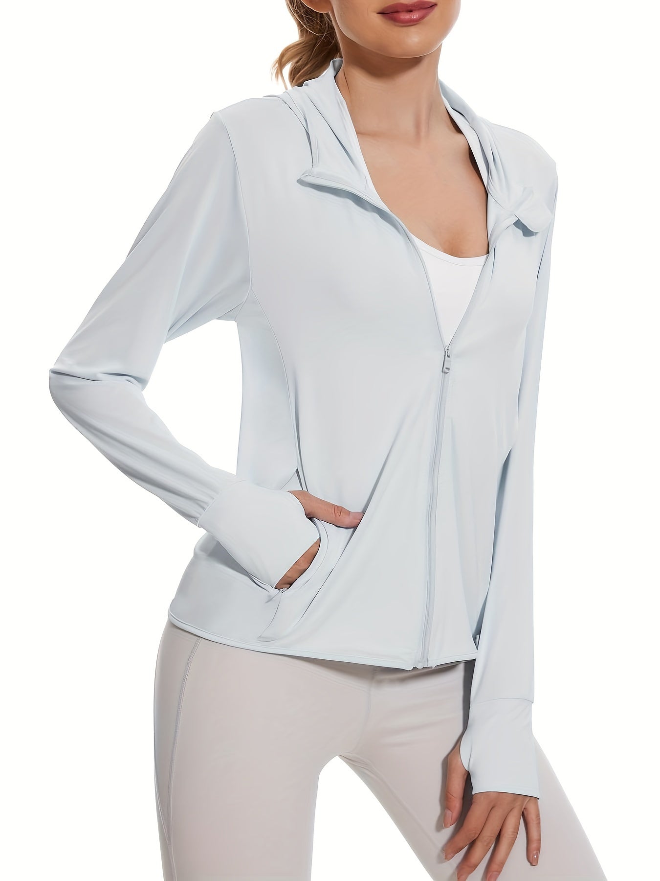 Women's UPF 50+ Light Blue Sun Protection Hooded Shirt - Long Sleeve, Quick-Dry Polyester Blend, Ideal for Hiking, Fishing & Outdoor Fitness, with Thumb Holes for Secure Fit