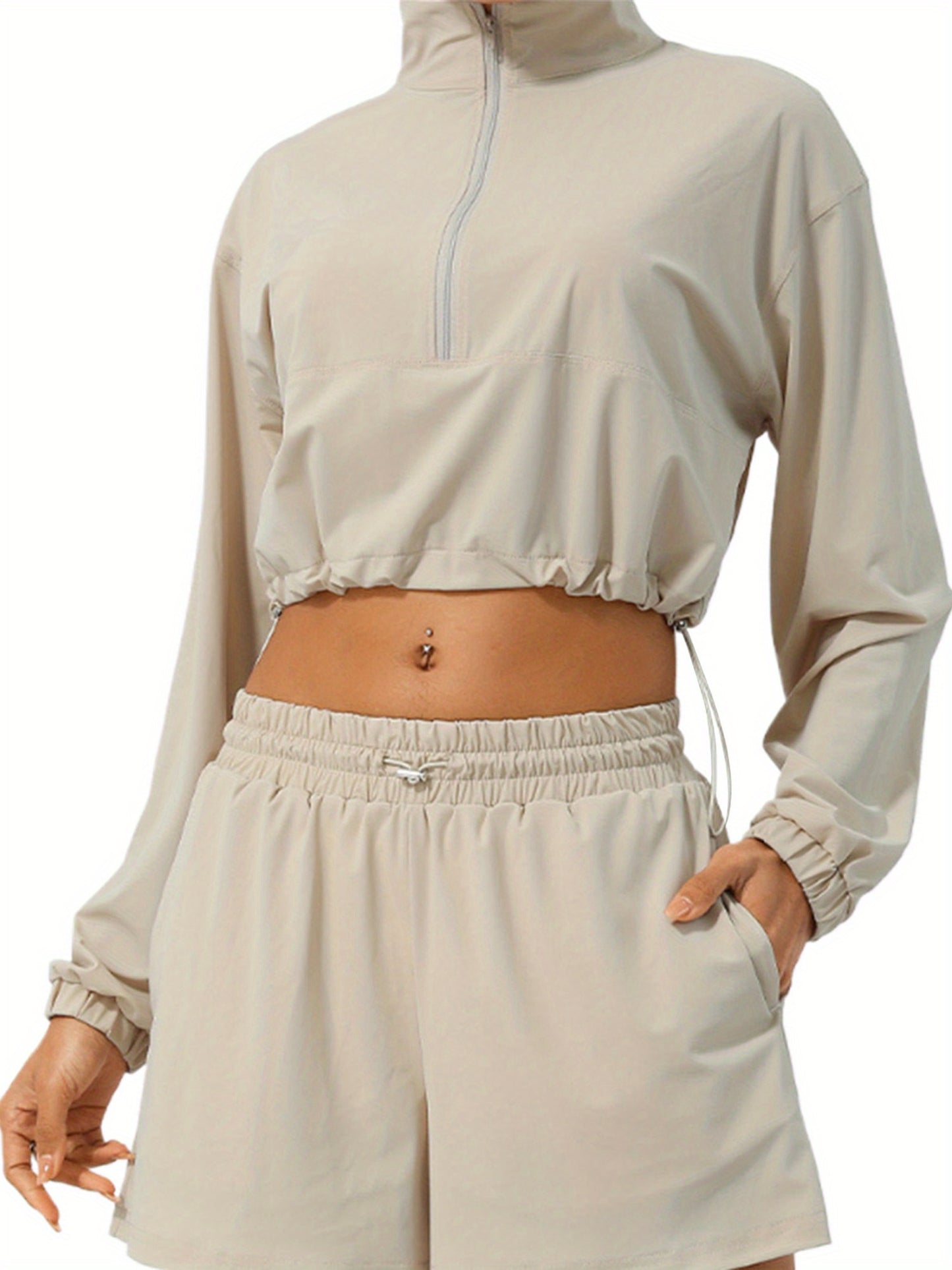 Women's Lightweight Sun Protection Jacket - Long Sleeve, Stand Collar, Zippered, Beige with Ruffled Hem & Cuffs, Summer Outdoor Wear