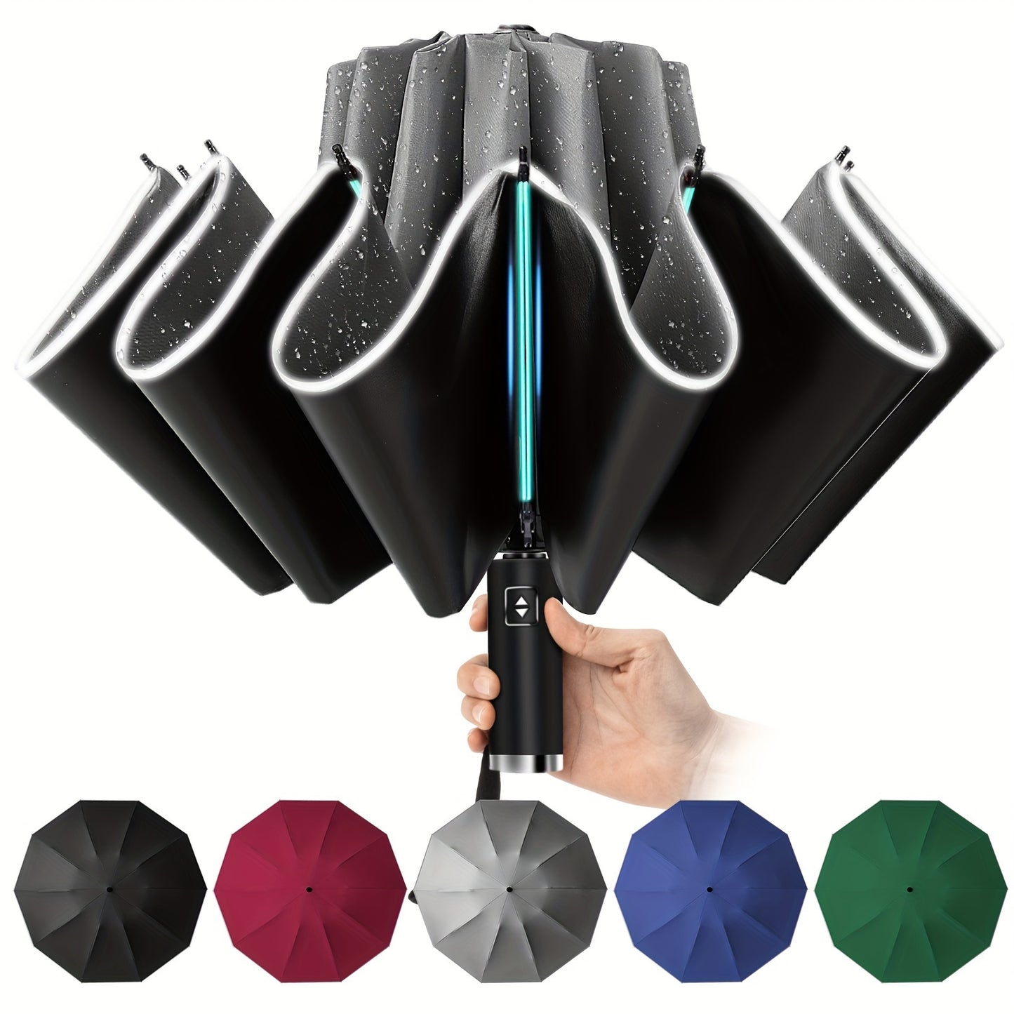 10 Rib Black Pongee Automatic Umbrella - Windproof, UV Protection, Lightweight, Stylish with Reflective Strips, Large Double Umbrella for Two, Casual & Fashionable, Casual Umbrella | Minimalist Style | Lightweight Umbrella