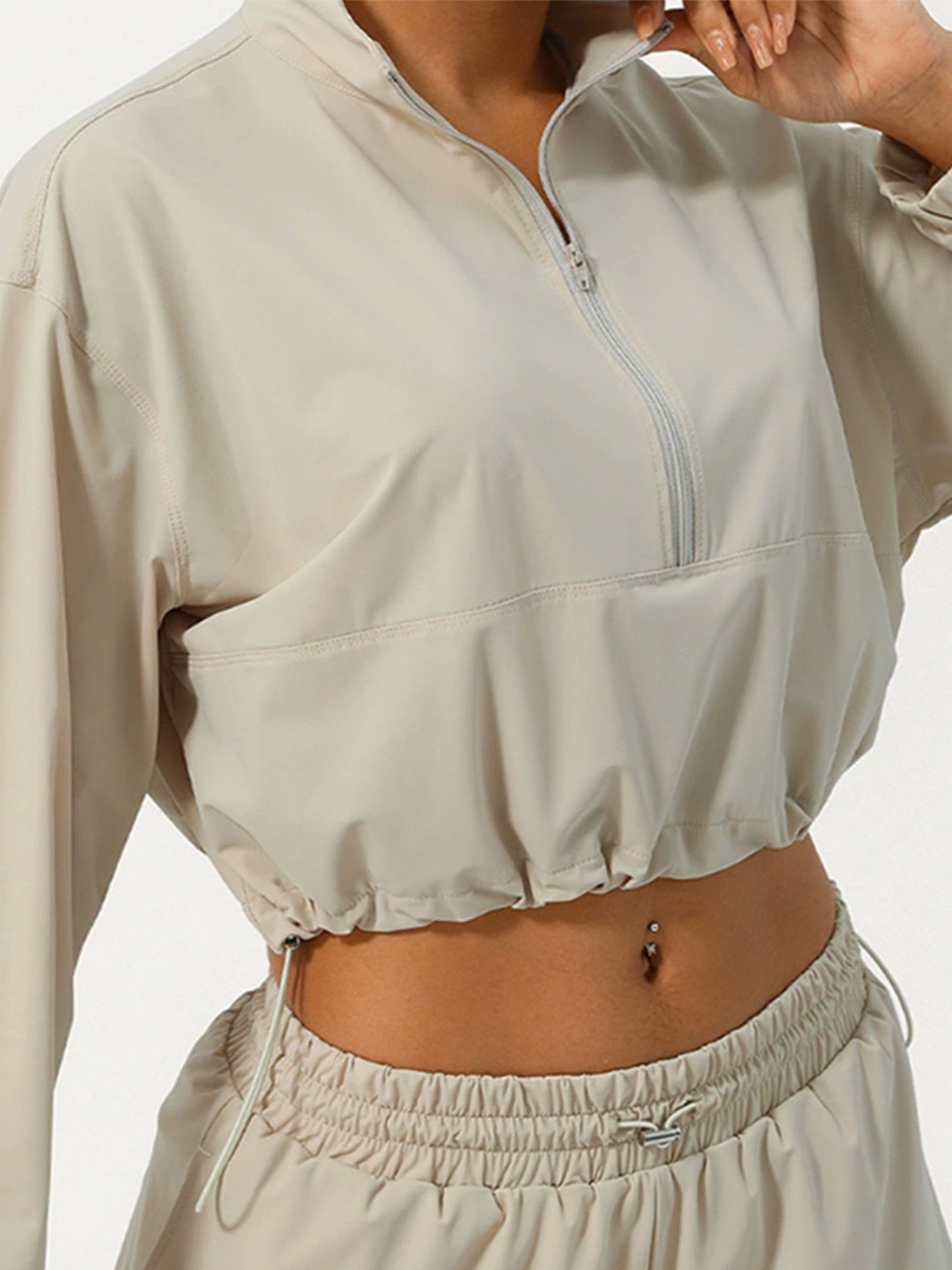 Women's Lightweight Sun Protection Jacket - Long Sleeve, Stand Collar, Zippered, Beige with Ruffled Hem & Cuffs, Summer Outdoor Wear